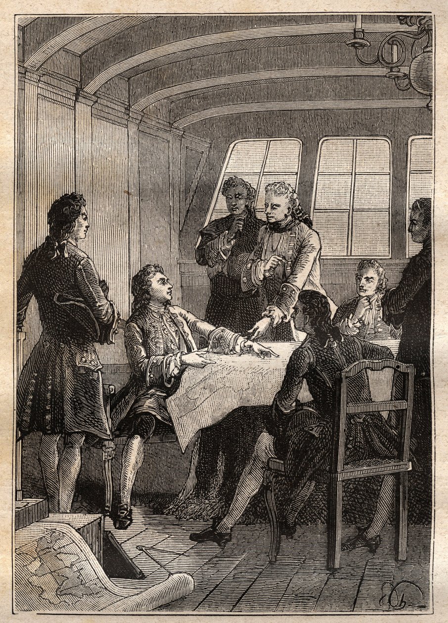 Jakob (Jacob) Roggeveen (1659-1729) hollantilainen tutkimusmatkailija matkallaan Tyynellemerelle vuonna 1722 - kuva "1700-luvun suuret merenkulkijat" tekijältä French School