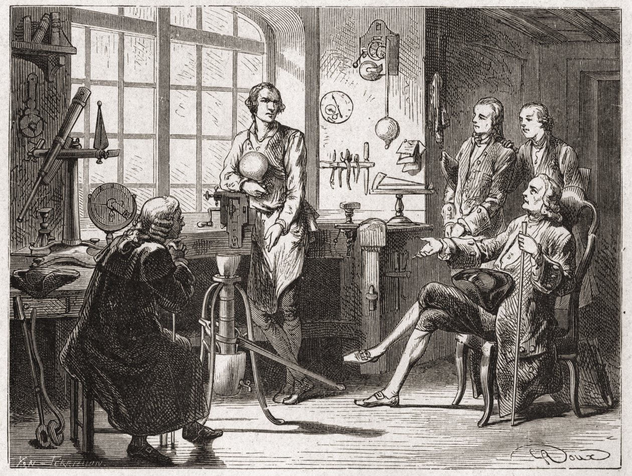 James Watt (höyrykoneen keksijä vuonna 1769) Glascow-liikkeessään - "" Album of Sciencessä; maineikkaat tiedemiehet; Suuria löytöjä””” 1896. tekijältä French School