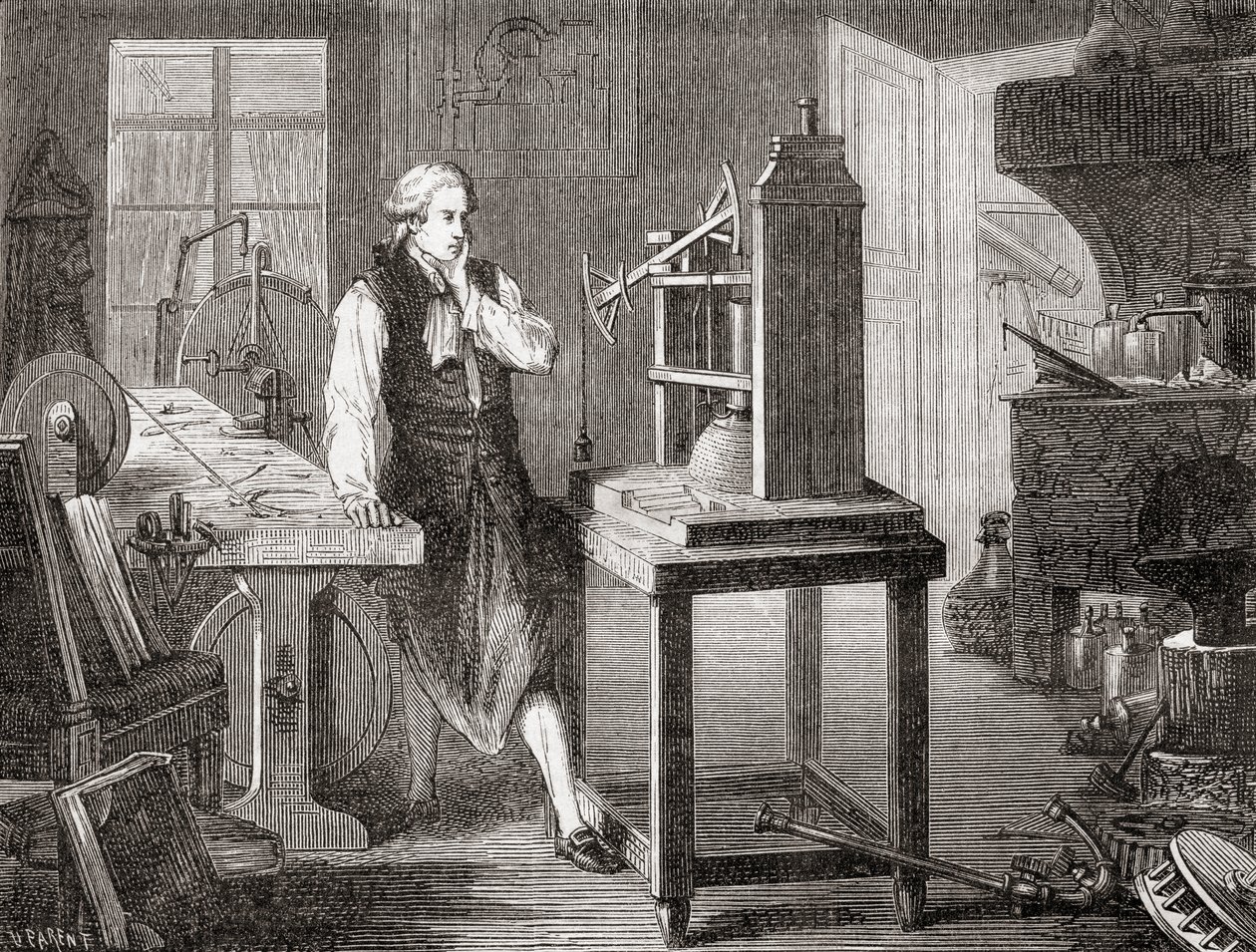 James Watt Glasgow-työpajassaan parantamassa Thomas Newcomenin vuoden 1712 Newcomen-höyrykonetta Watt-höyrykoneella vuonna 1781, Les Merveilles de la Science, pub.1870. tekijältä French School