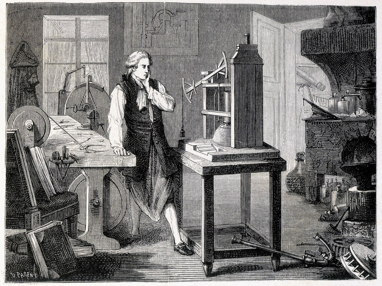 James Watt tutkii Newcomenin koneen täydellistämistä (1767) - "" Album of Sciencessa; maineikkaat tutkijat; Suuria löytöjä”” 1896. tekijältä French School