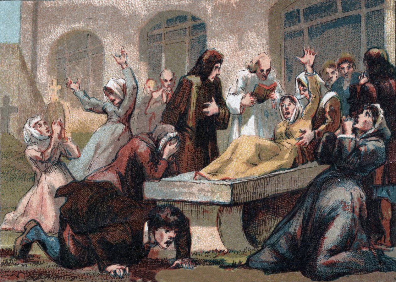 Jansenismi: Ludvig XV:n johtaman Saint Medardin (Saint Medard) hautausmaan kouristelijat (jansenistiset fanaatikot). kromolitografia noin 1890. tekijältä French School