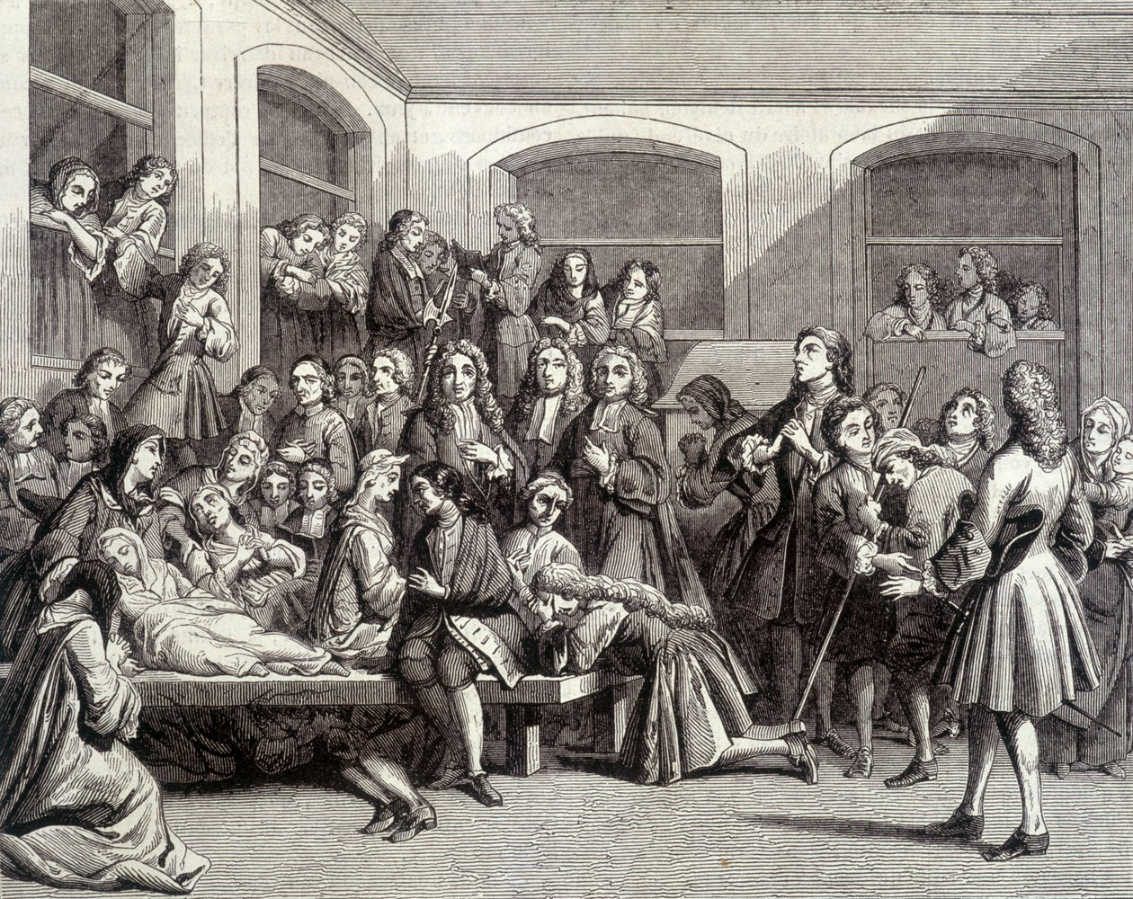 Jansenismi: Saint-Médardin hautausmaan kouristukset diakoni Parîsin (1690 - 1727) haudalla, jossa tapahtui "ihmeitä". 1700-luvun printti. tekijältä French School
