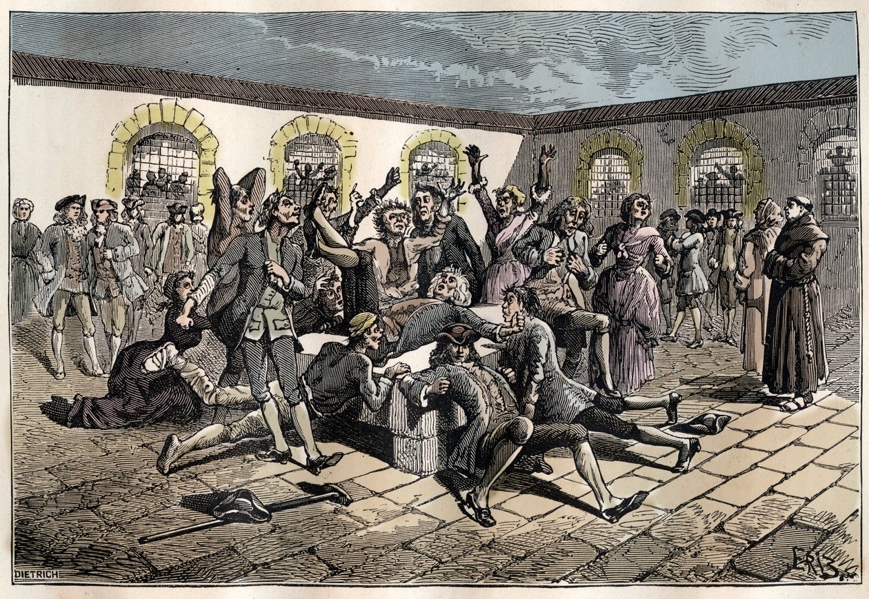 Jansenistinen kouristuskohtaus (tai Saint Medard) (Kouristusten teoksia) 1700-luvulla: "" Sairaat ja sairaat menevät Saint-Medardin hautausmaalle (jossa sijaitsee diakoni Francois Parisin hauta) ollakseen ihmeellisesti gueris" (Kouristuskäytännöt) - Con tekijältä French School
