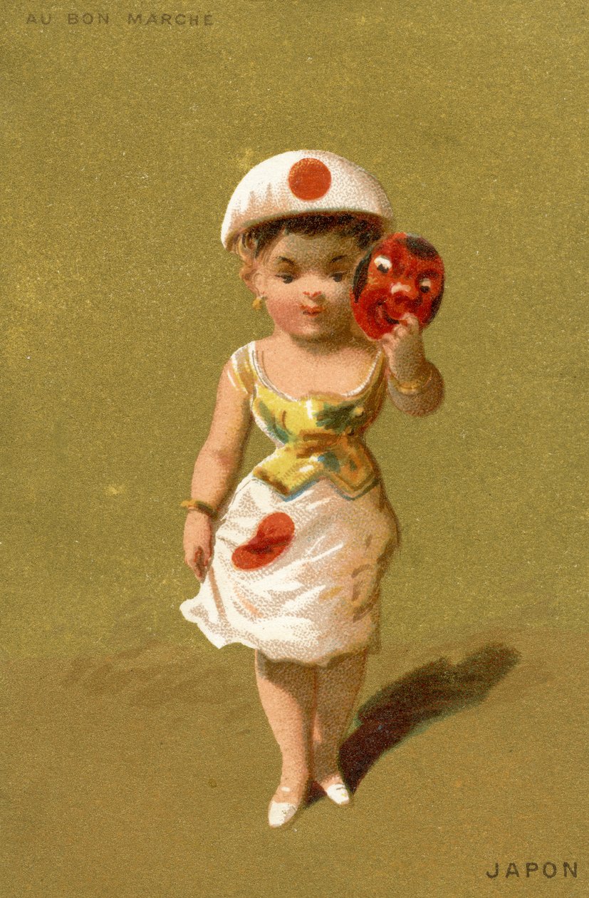 Japanilainen tyttö, eri maiden lasten kuvitussarjasta, valmistettu promokorteiksi Bon Marché-tavaratalolle Pariisissa, n. 1890 tekijältä French School