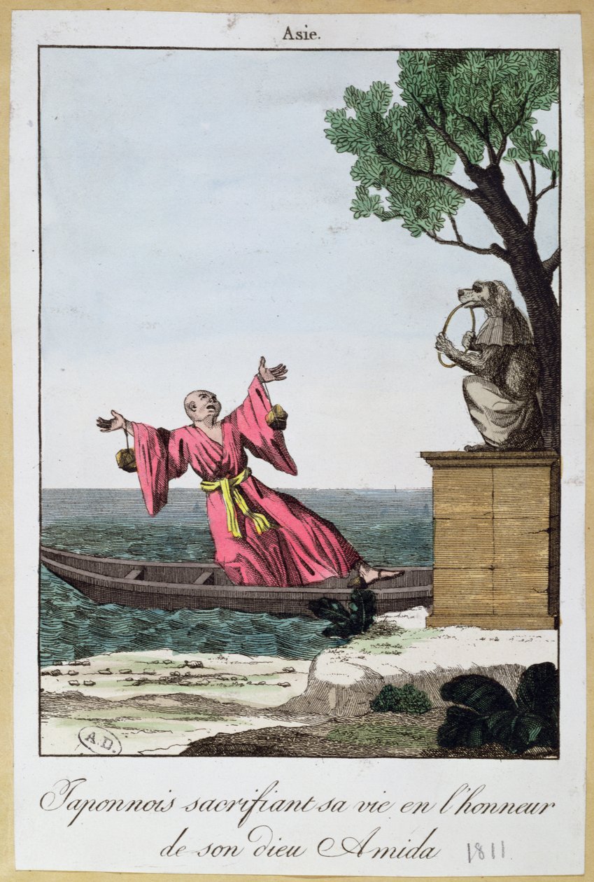 Japanilainen mies uhraamassa henkensä Amidan jumalan kunniaksi, 1811 (väri litho tekijältä French School