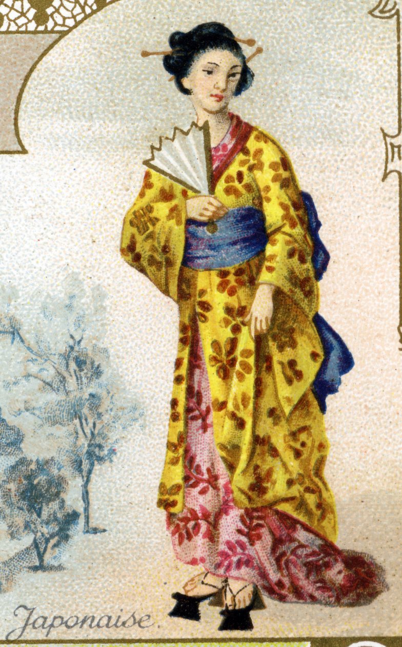 japanilainen nainen. Painos Pariisin litografia, 1800-luvun loppu. 25 mainoskromon sarja Dijonin keksien valmistukseen Pernot, luotu vuonna 1869. Yksityiskohta hahmoista perinteisissä puvuissa tekijältä French School