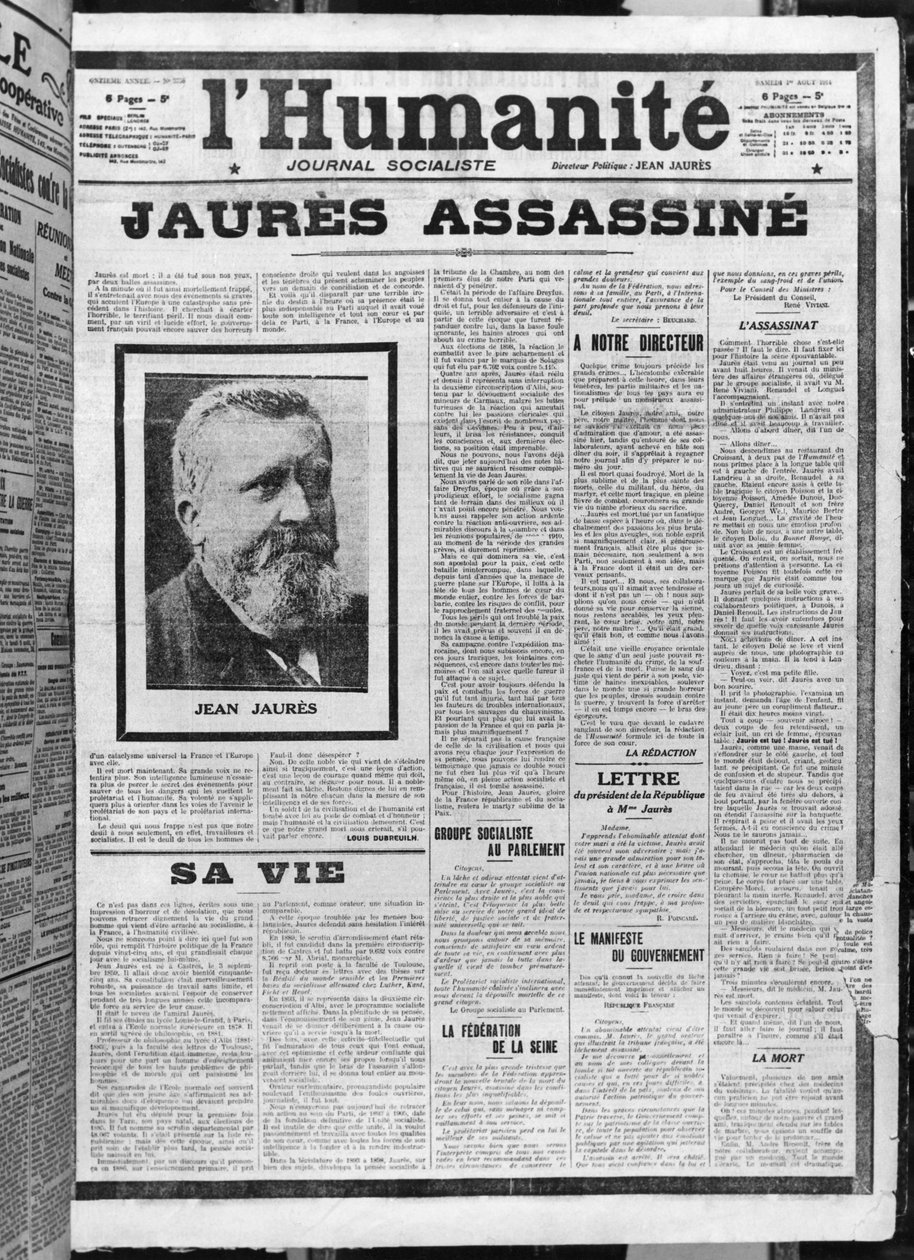 Jaures murhattu, LHumanite, 1. elokuuta 1914 (valokuva) tekijältä French School