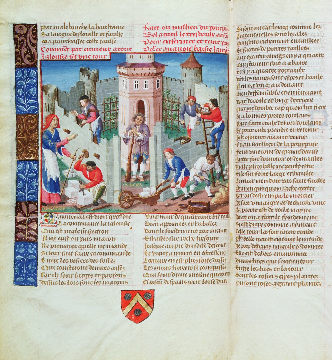 Kateus rakentaa linnoituksen Roman de la Rosesta (guassi pergamentille) tekijältä French School