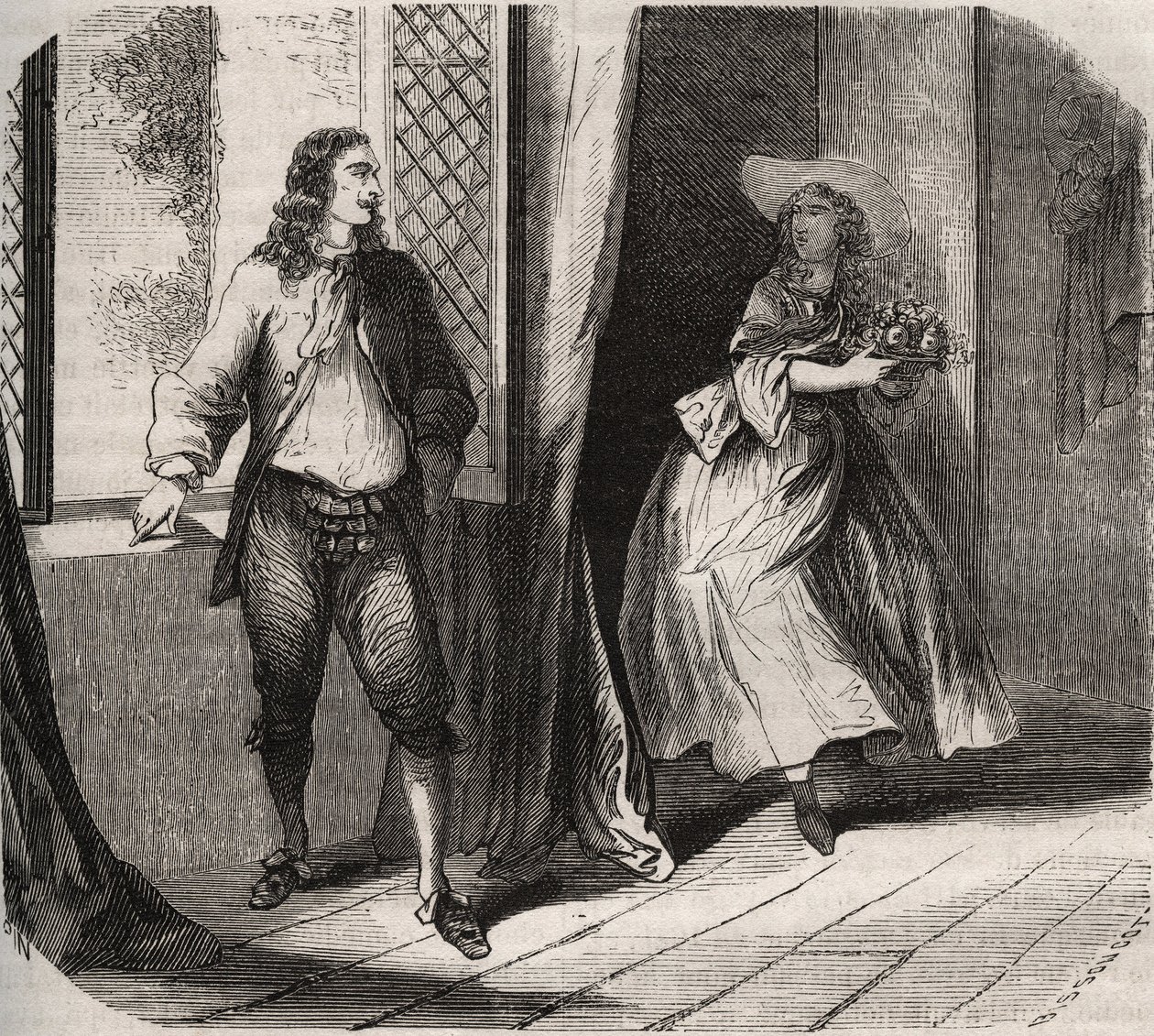 Jean Baptiste (Jean-Baptiste) Poquelin, dit Moliere (1622-1673) kosi koomikko Mademoiselle de Brielle (Catherine Leclerc du Rose) tekijältä French School