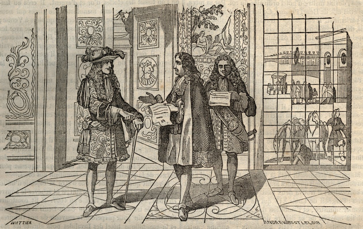 Jean Baptiste Colbert (Jean-Baptiste) (1619-1683) tapaamisessa kuningas Ludvig XIV:n ja Francois Louvoisin (1641-1691) kanssa Versaillesissa - kaiverrus Leclercin mukaan - tekijältä French School