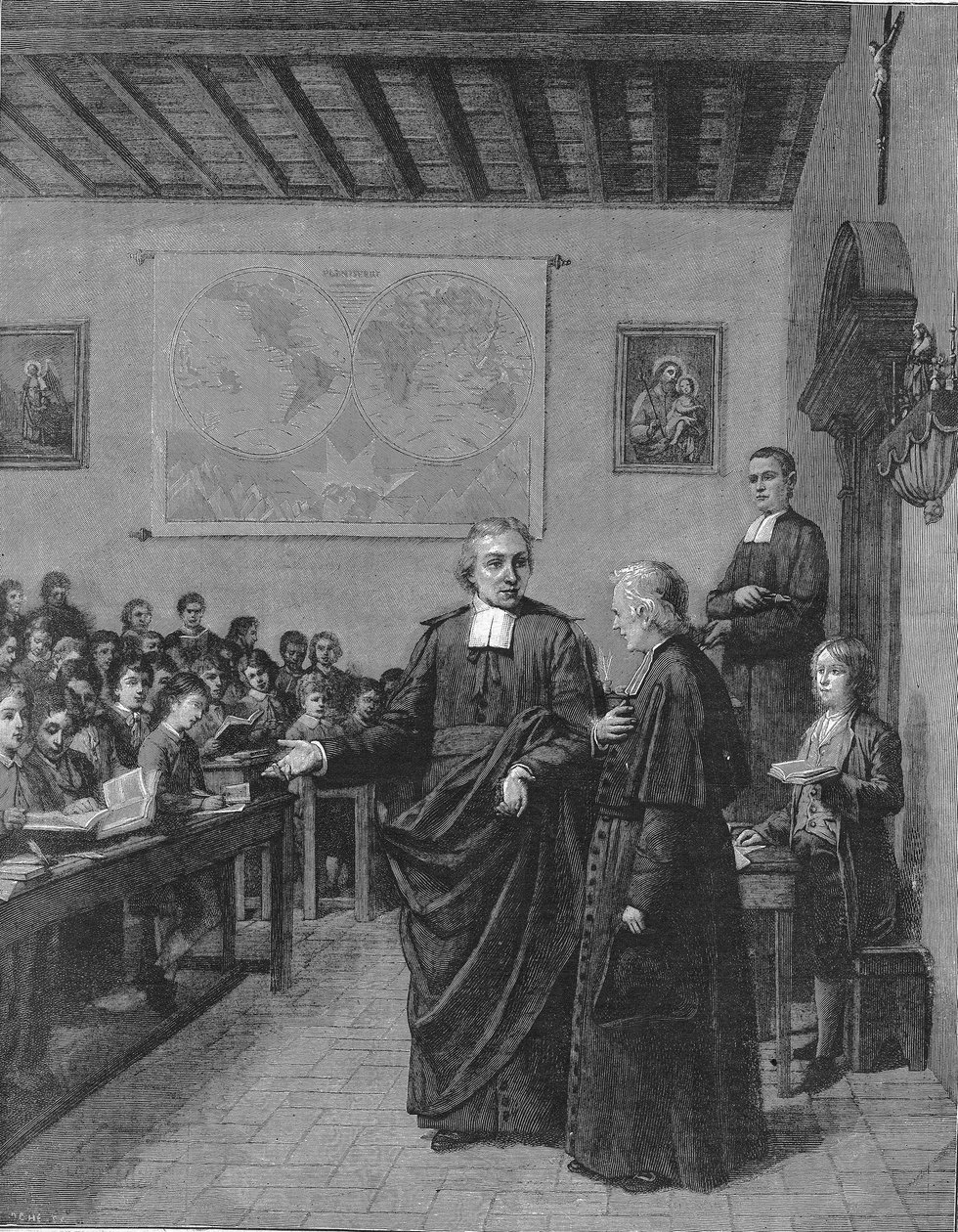 Jean Baptiste De La Salle (Jean-Baptiste) 1651-1719 ranskalainen uskonnollinen, kristillisten koulujen veljien seurakunnan perustaja, esitteli yhtä kouluistaan herra de La Chetardielle. Kaiverrus 1800-luvun lopulta. tekijältä French School
