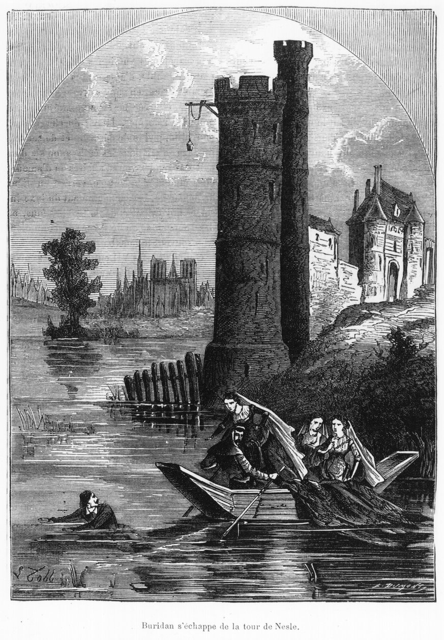 Jean Buridan pakenemassa Neslen tornista, 1800-luvun toinen puoli tekijältä French School