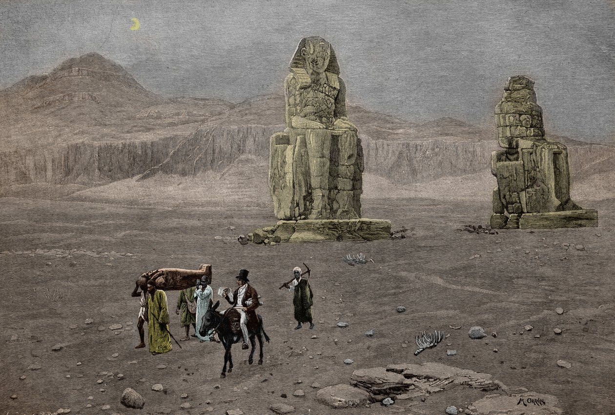 Jean Francois Champollion Memnonin kolosseilla Egyptissä (kaiverrus). tekijältä French School