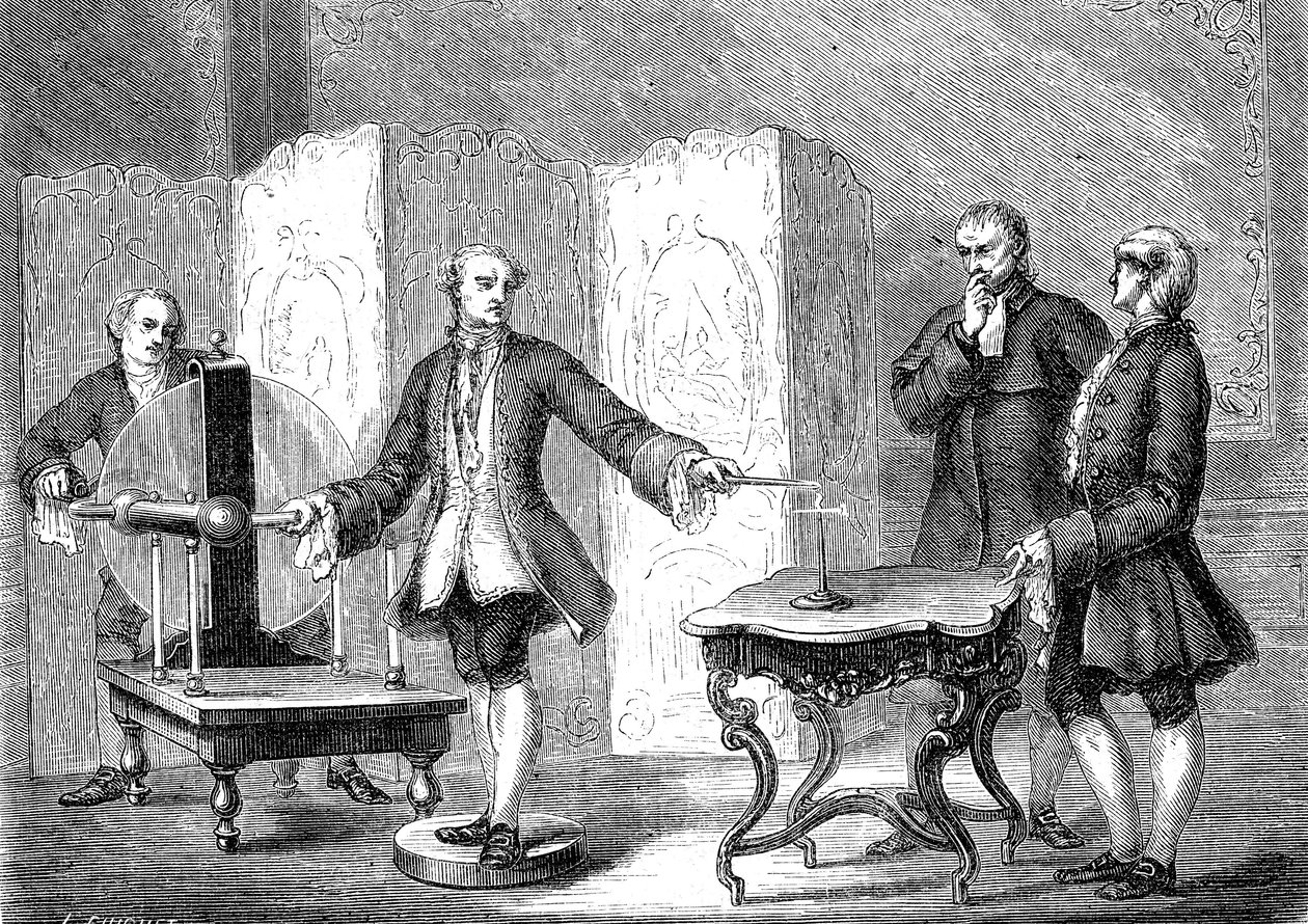 Jean JALLABERT (1712-1768), sveitsiläinen fyysikko, löytää sähköliitin terävistä esineistä (FRANKLINin Power of the Pointe). kaiverrus 1867 tekijältä French School
