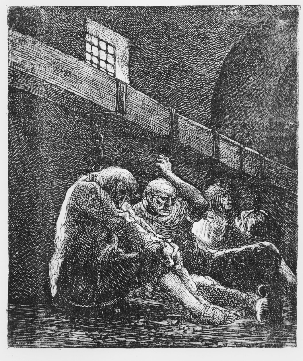 Jean Valjean vankilassa, kuvitus Les Miserablesista, Victor Hugo, 1865 tekijältä French School