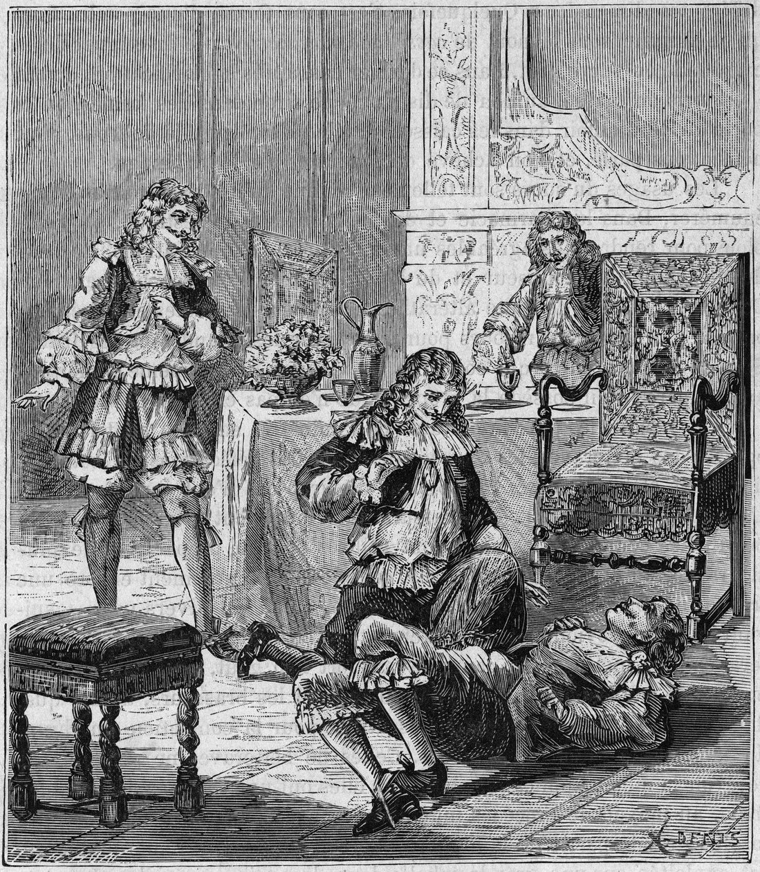 Jean de SANTEUL (Santeuil) (1630-1697) myrkyttää viinilasillisen, johon oli laitettu tupakkaa Espanjasta - Kaiverrus Alexis Clercin "Tieteet kaikkien saataville - fysiikka ja kemia" - 1800-luvun loppu - Yksityinen kokoelma tekijältä French School