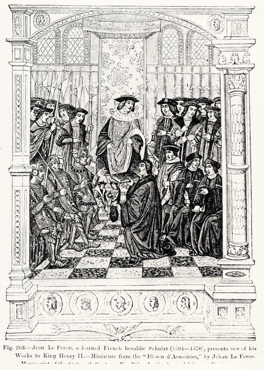 Jean le Feron (1504-70) esittelee yhden teoksistaan kuningas Henrik II:lle (1519-89) Blason dArmoiresista, Jean le Feron, kuvitus teoksesta Tiede ja kirjallisuus keskiajalla ja renessanssin kirjoitus. tekijältä French School