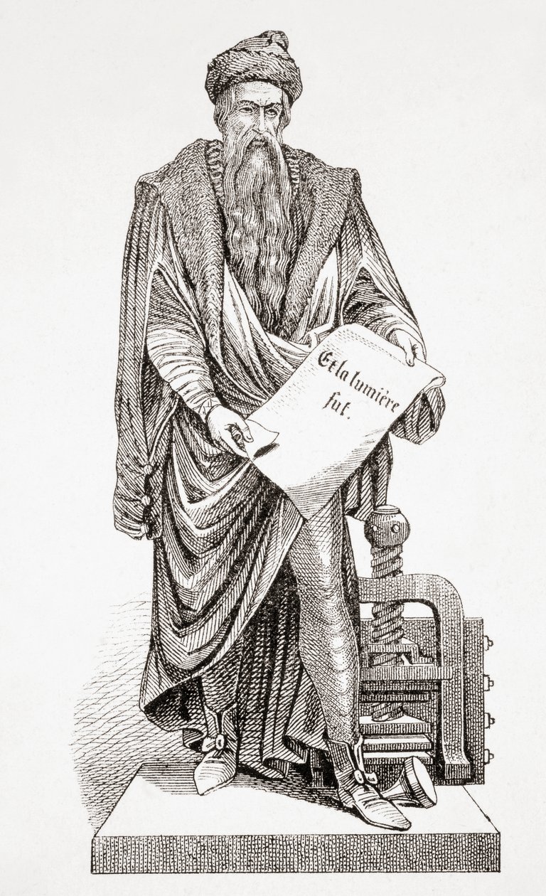 Johannes Gutenberg, muinaisesta ja modernista yleismaailmallisesta historiasta, julkaistu Strasbourgissa n. 1860 (kaiverrus) tekijältä French School