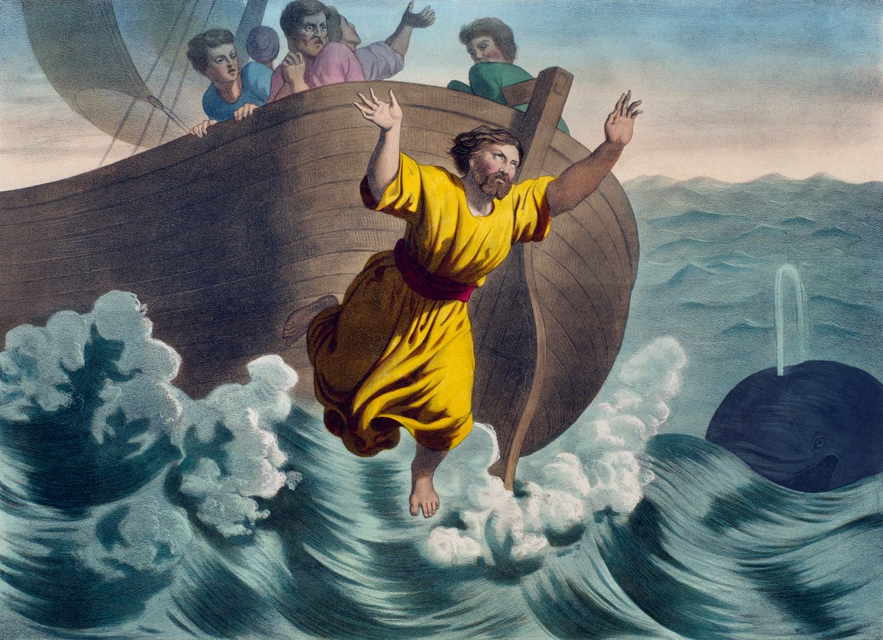 Mereen heitetty Joona, kuvitus katekismuksesta LHistoire Sainte, julkaisija Charles Delagrave, Pariisi, 1800-luvun loppu tekijältä French School