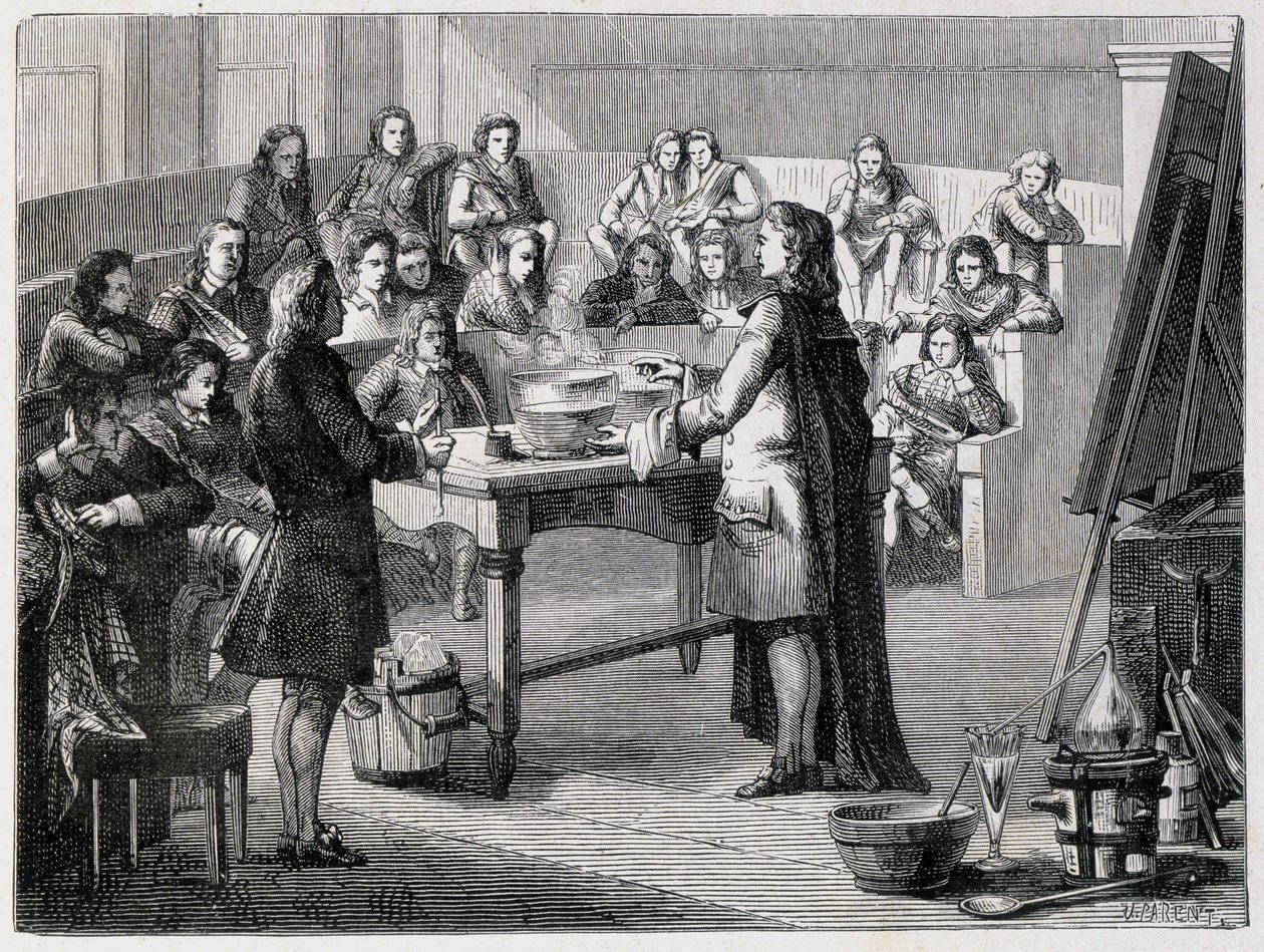 Joseph Black (1728 - 1799), brittiläinen kemisti ja fyysikko, kokee piilevän kalorin ennen Glascowin yliopiston opiskelijoita tekijältä French School