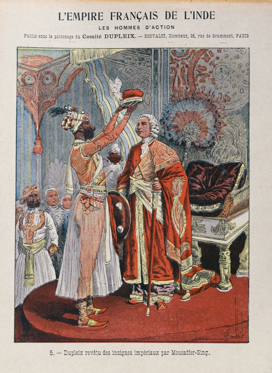 Joseph Francois Dupleix (1697-1763) saa keisarillisen arvomerkin intialaiselta hallitsijalta, koulun harjoituskirjan kansi n. 1900 tekijältä French School