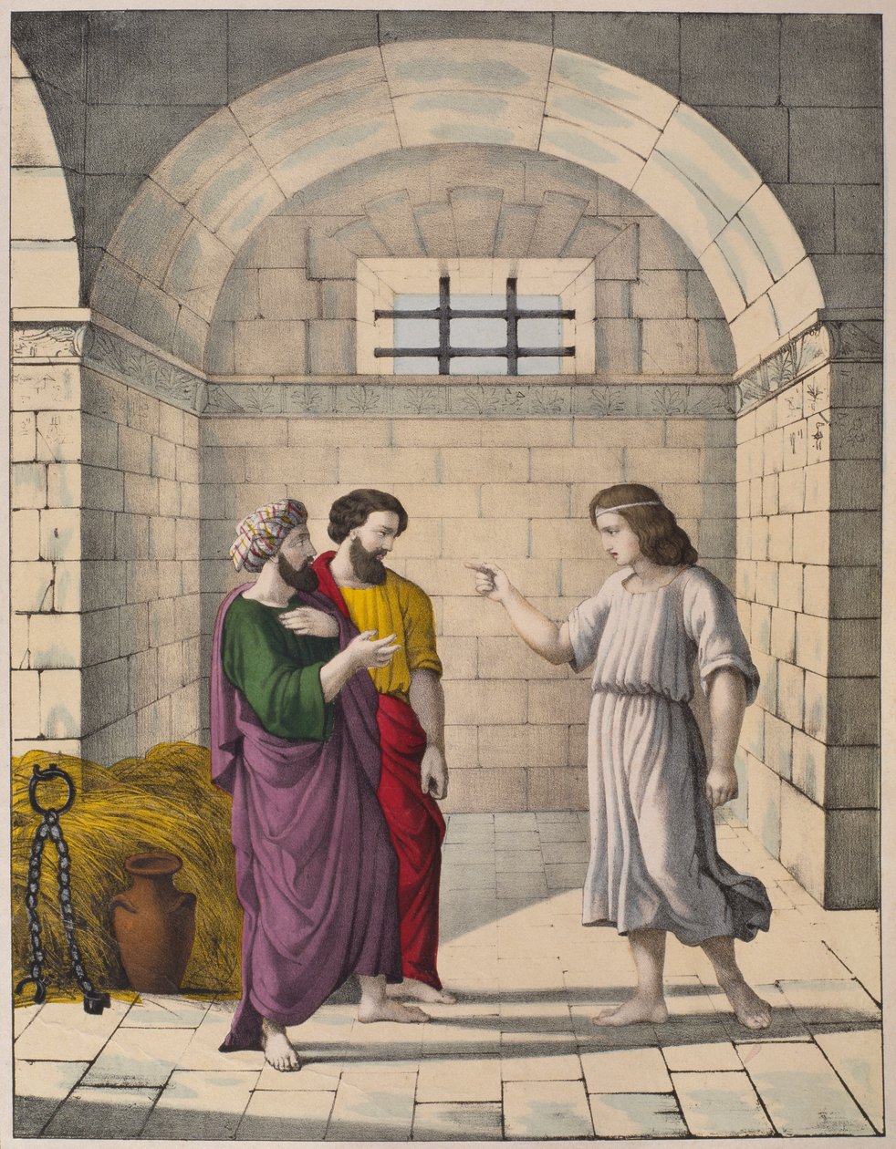 Joseph vankilassa selittämässä pääleipurin ja päähovimestari unia, kuvitus katekismuksesta LHistoire Sainte, julkaisija Charles Delagrave, Pariisi, 1800-luvun lopulla tekijältä French School