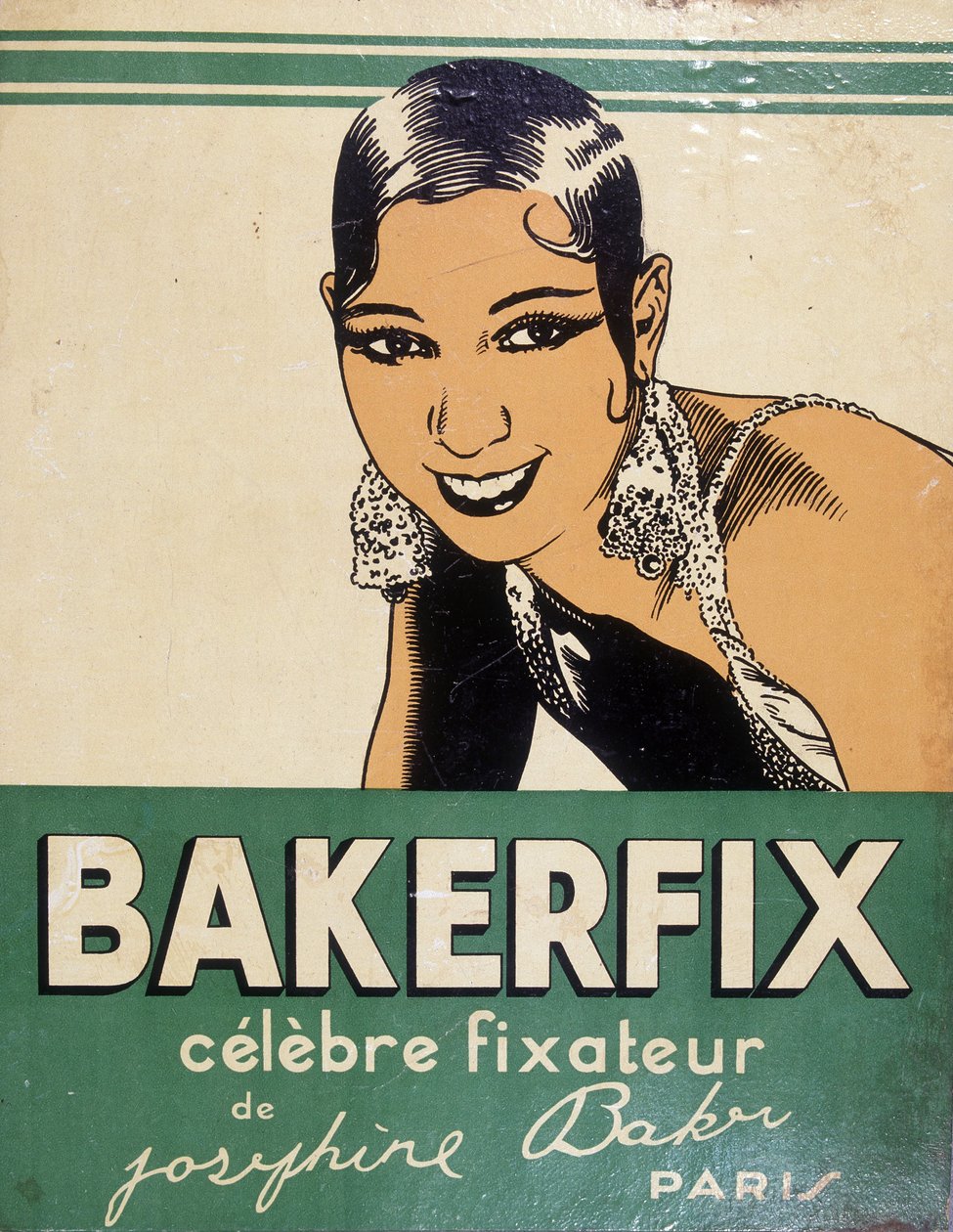 Josephine Baker - mainos Bakerfixille: "" Josephine Bakerin kuuluisa kiinnitysaine"" tekijältä French School