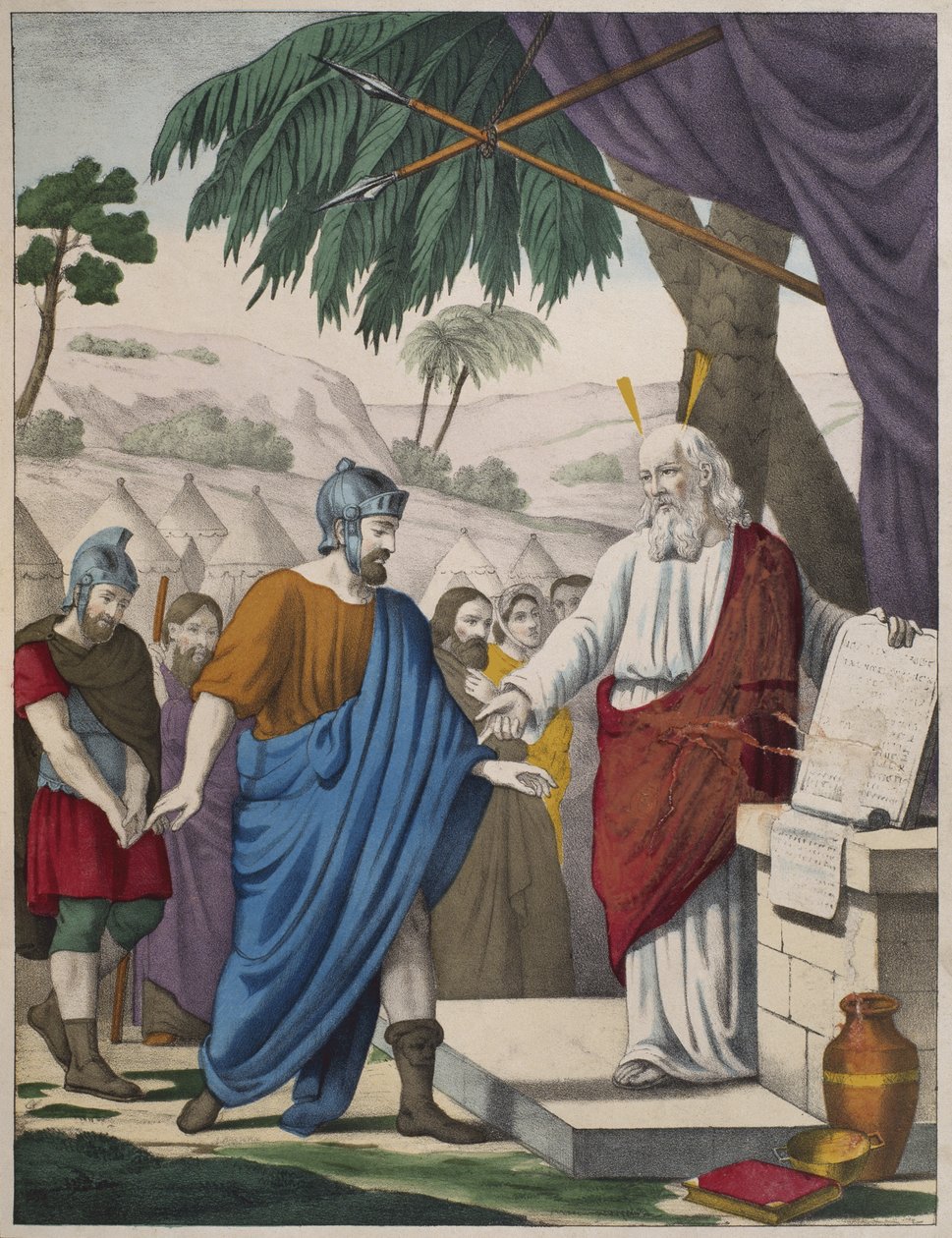 Joshua, jonka Mooses nimitti seuraajakseen, kuvitus katekismuksesta LHistoire Sainte, julkaissut Charles Delagrave, Pariisi, 1800-luvun lopulla tekijältä French School
