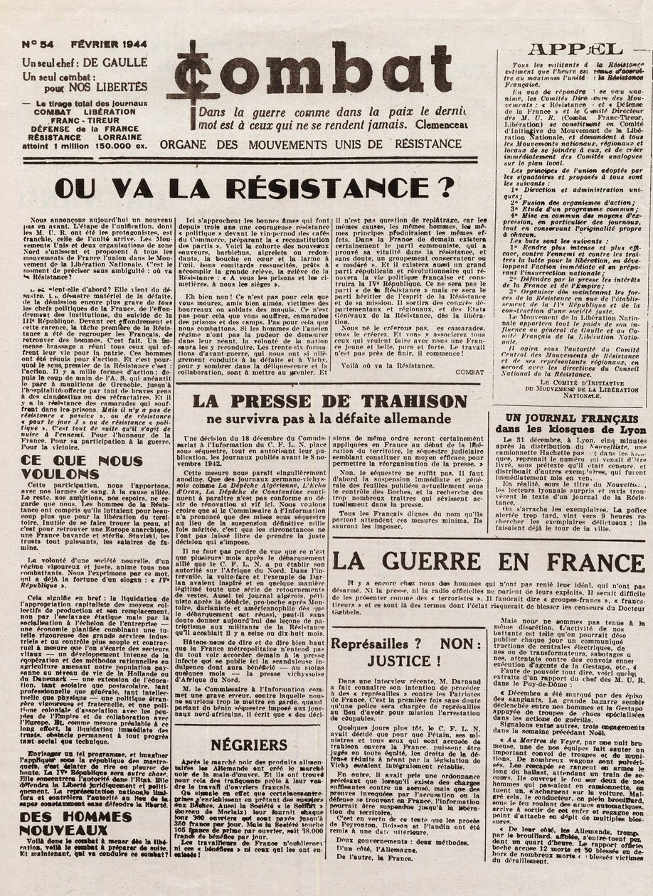 Lehti COMBAT - numero 54 - helmikuu 1944 - yhdistyneiden vastarintaliikkeiden elin. (salainen sanomalehti) - Minne vastarinta menee tekijältä French School