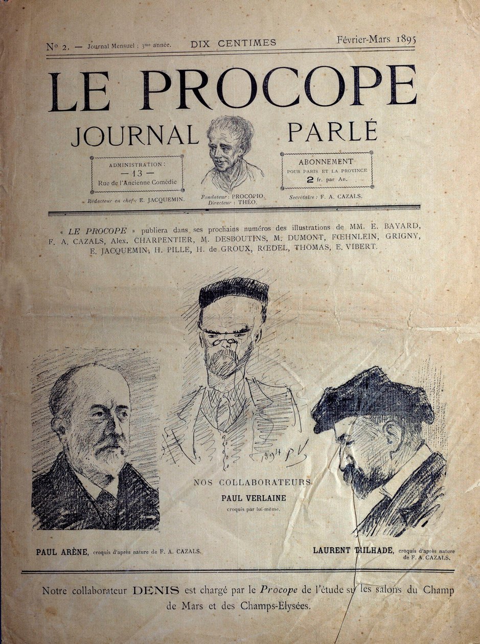 Journal du Proope, pariisilainen kahvila, helmikuu 1895: muotokuvia ranskalaisista runoilijoista Paul Verlainesta, Paul Arenesta ja Laurent Tailhadesta. tekijältä French School