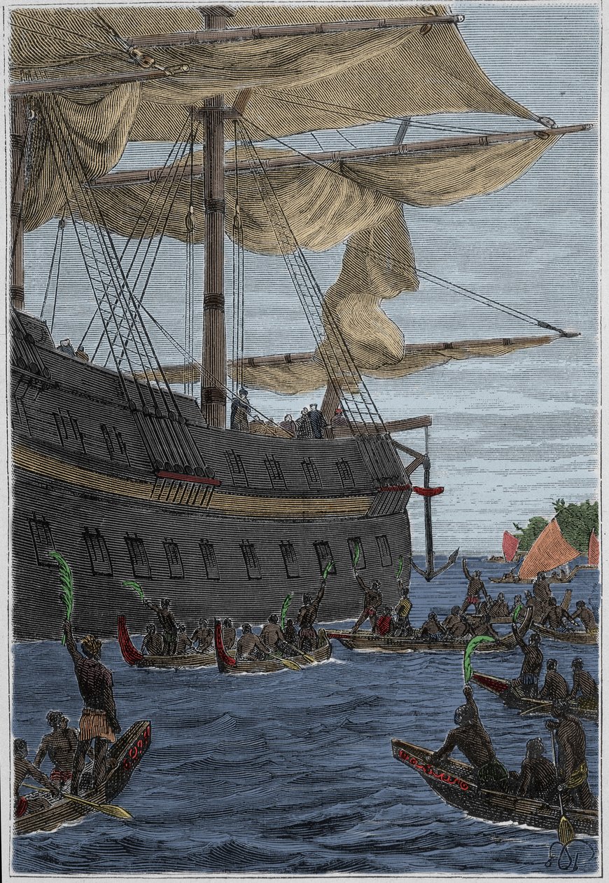 Samuel Wallisin (1728-1795) matka Polynesiaan: alkuperäiskansat pitävät banaanin oksia kädessään tervetulotoivotuksena - kuva otettu teoksesta "1700-luvun suuret merenkulkijat" tekijältä French School