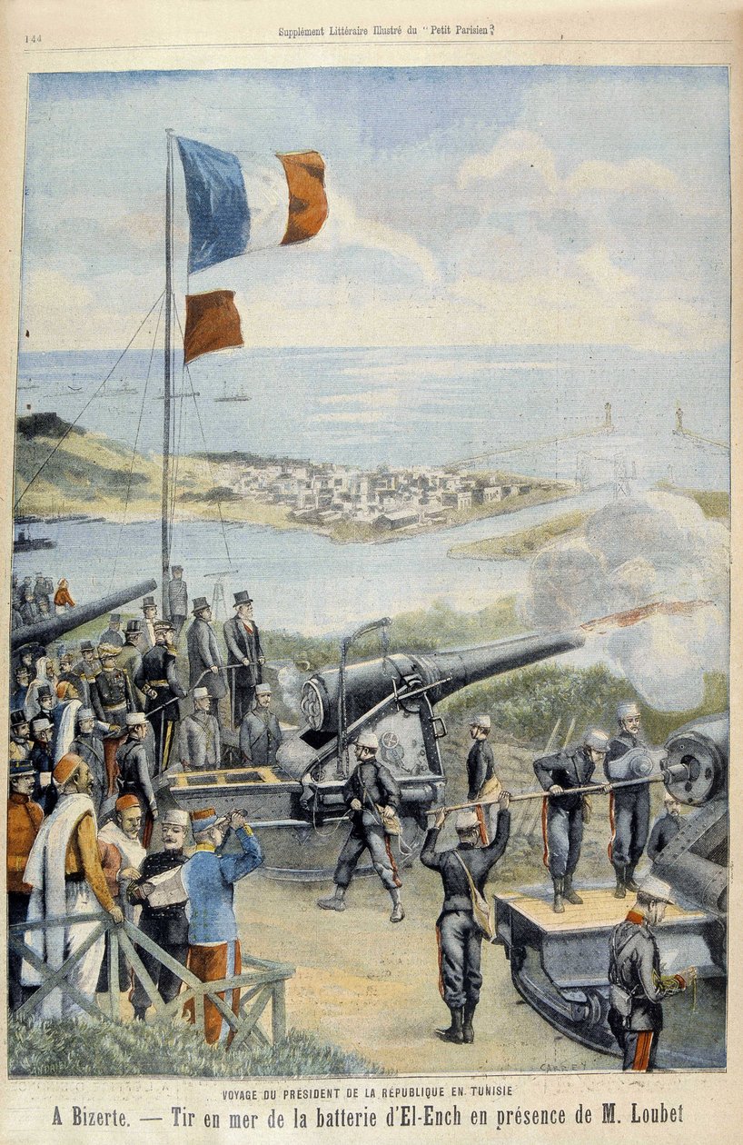 Tasavallan presidentin matka Tunisiaan: Bizerteen, ammunta mereen El-Enchin patterista herra Loubetin läsnä ollessa - "" Le Peute Parisien""" 3.5.1903 tekijältä French School