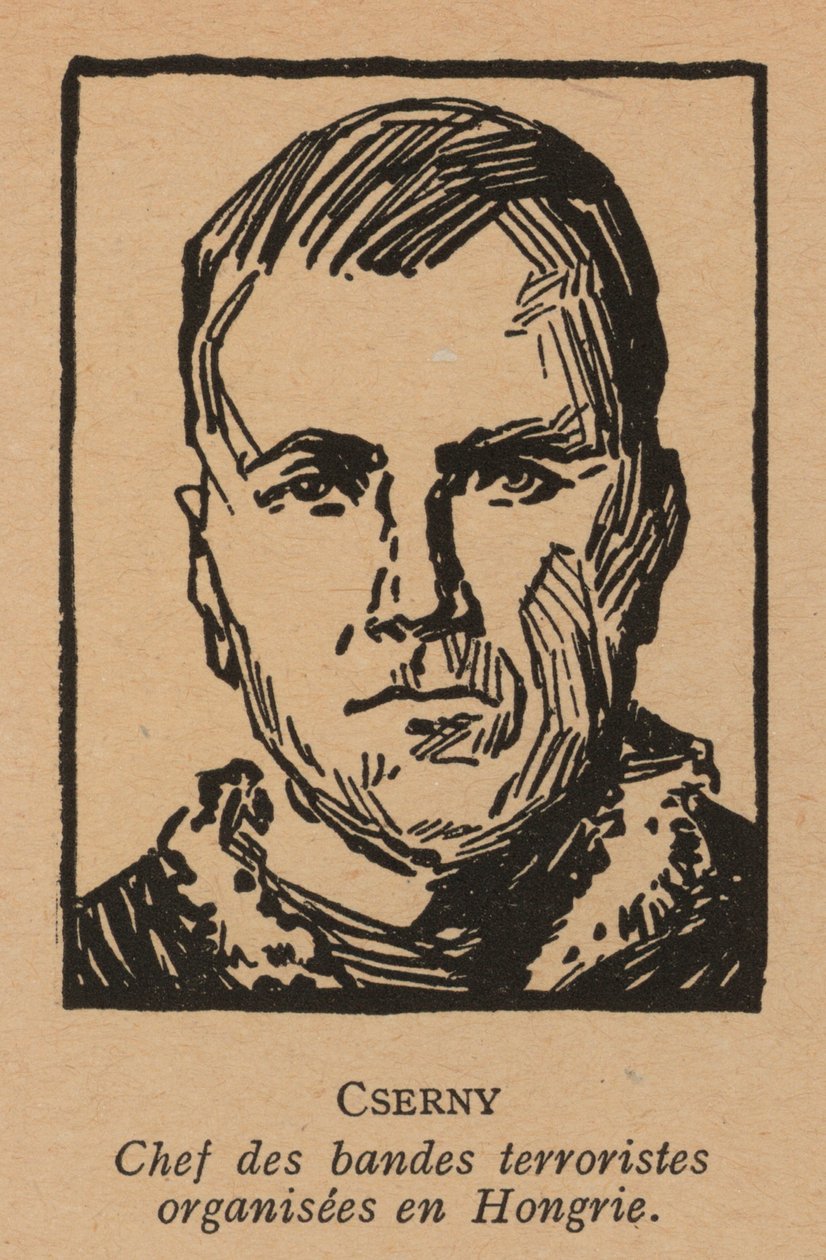 Jozsef Cserny, unkarilainen kommunistivallankumouksellinen ja Leninin poikien johtaja, joka toteutti punaista terroria Unkarin neuvostotasavallan aikana vuonna 1919 (litografia). tekijältä French School