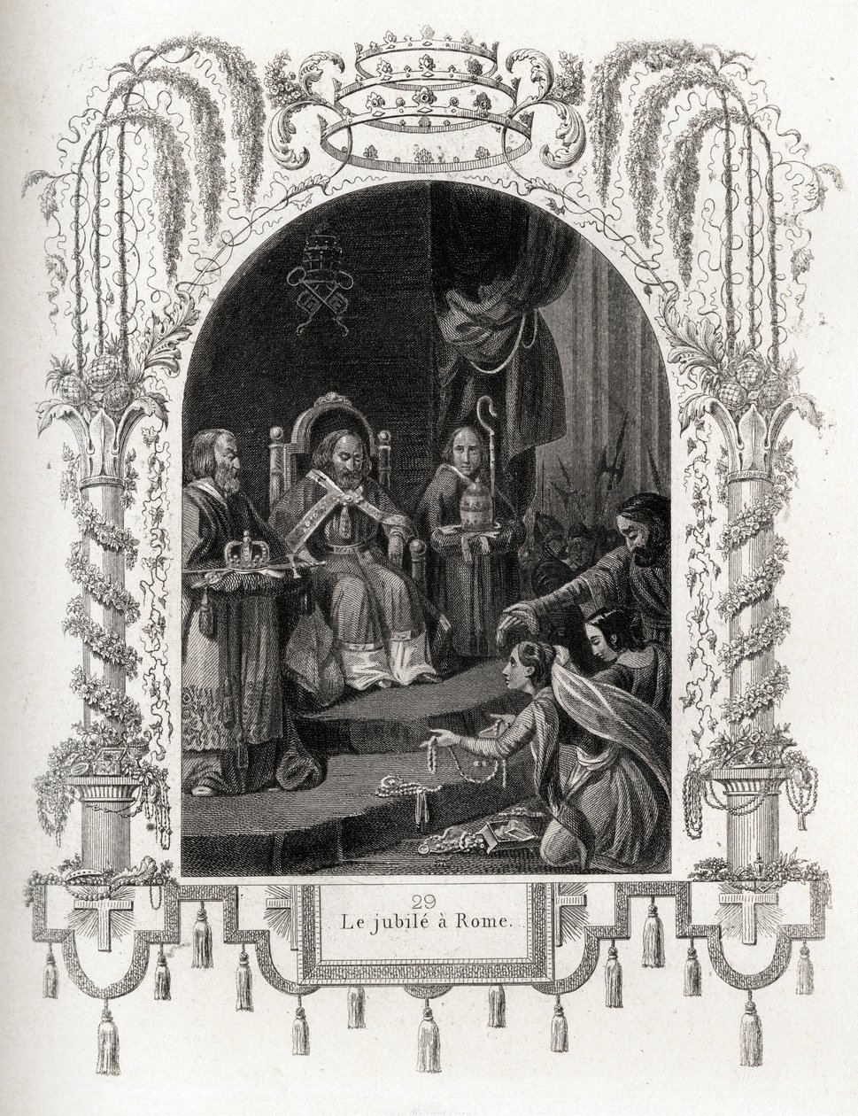 Juhlapäivä Roomassa vuonna 1450 Nikolai V:n (1447-1455) paavin aikana. Maurice Lachatren (1814-1900), Librairie du progress, Pariisin Histoire des Popes -teoksen havainnollistava kaiverrus. tekijältä French School