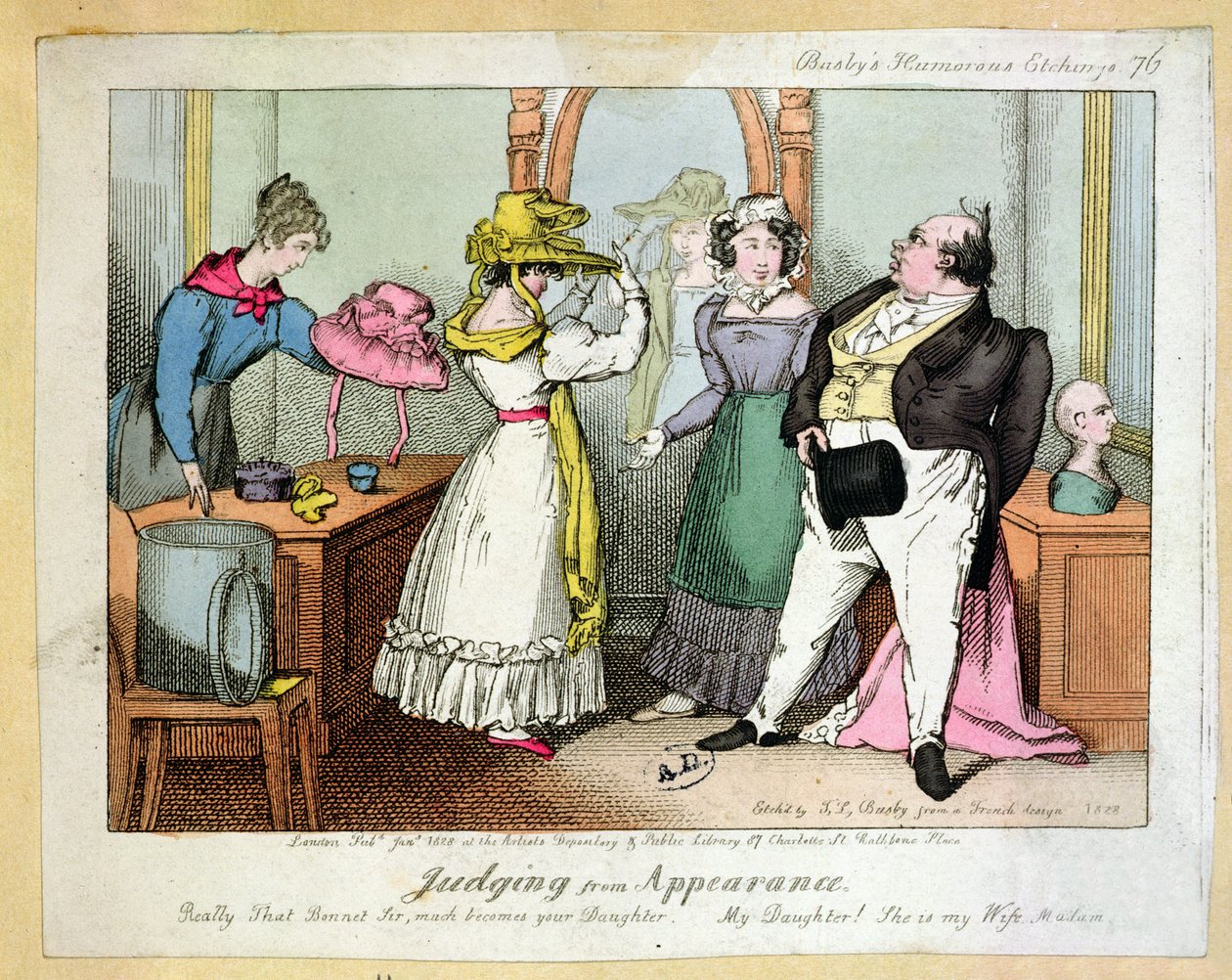 Ulkonäöstä päätellen, Busbys Humourous Etchings, numero 76, kaiverrus Thomas Busby (fl.1804-21) 1828 tekijältä French School