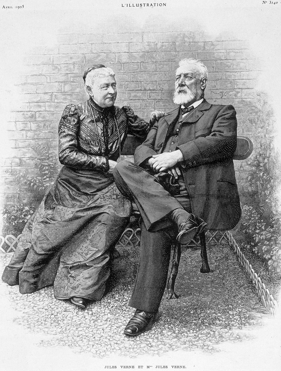 Jules Verne ja hänen vaimonsa - kaiverrus tekijältä French School