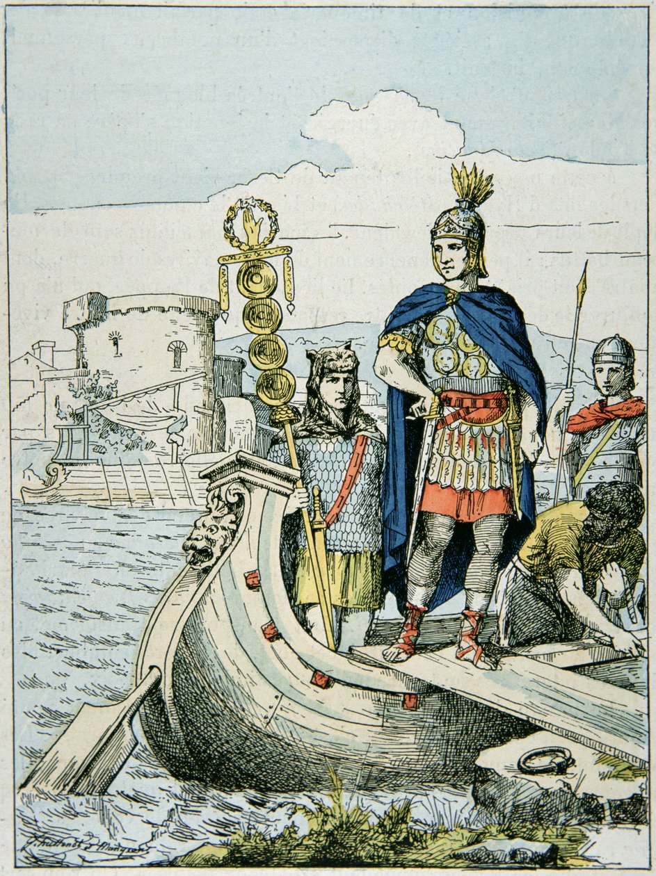 Julius Caesar lähtee rankaisemaan merirosvoja, jotka pitivät häntä lunnaista (värilitho) tekijältä French School
