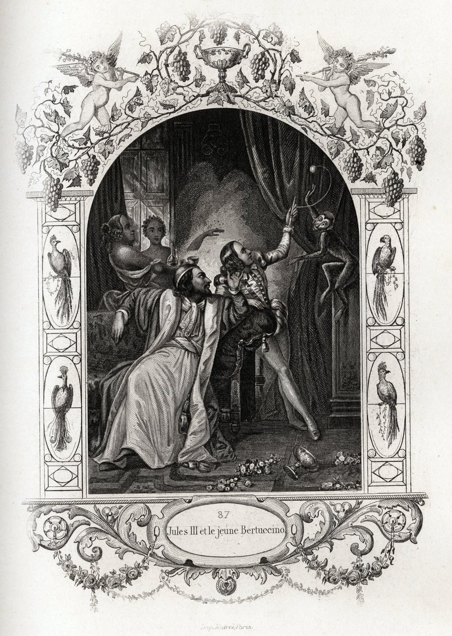 Julius III (julius tai Iulius tai Giulio) (paavi 1550-1555) ja nuori Bertuccino, apinaesitys. Maurice Lachatren (1814-1900), Librairie du progress, Pariisin Histoire des Popes -teoksen havainnollistava kaiverrus. tekijältä French School