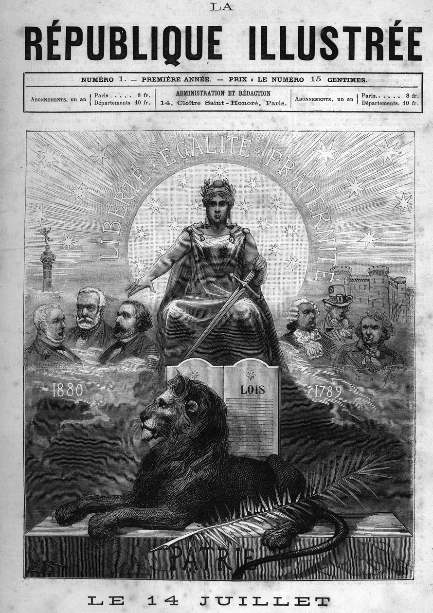 14. heinäkuuta: Allegorie de la Republique Francaise. Laakereilla kruunattu nainen, jolla on miekka. Hänen jaloissaan leijona, kämmen ja lakipöytä. Sen yläpuolella tasavallan tunnuslause "" Liberte, Equality, Fraternity"". Todennäköisesti älyllinen ja poli tekijältä French School