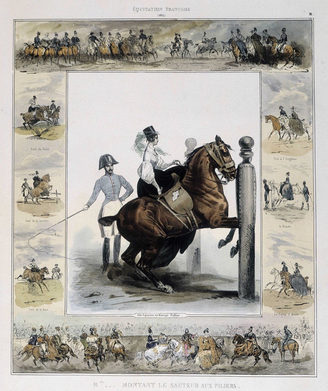 Hyppääminen Charles Aubryn teoksessa "Picturesque history of ancient and modern riding". tekijältä French School