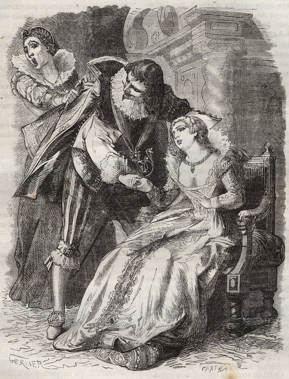 Hyppää kuin raivoissaan, tarttuu herttuan takista... Ranskan kuningatar Anne Itävallan (1601-1666) ja Buckinghamin herttua (George Villiers) tekijältä French School