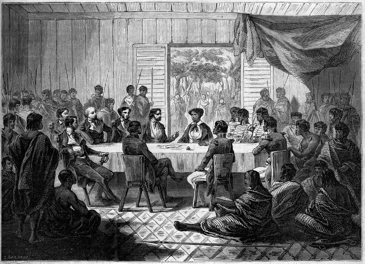 Khabar (Kokous) Nuo ranskalaiset upseerit ja Madagaskarin chiffit, jotka edustavat kuningatar Ranavalo Manja E:tä (Ranavalona). Madagaskar tekijältä French School