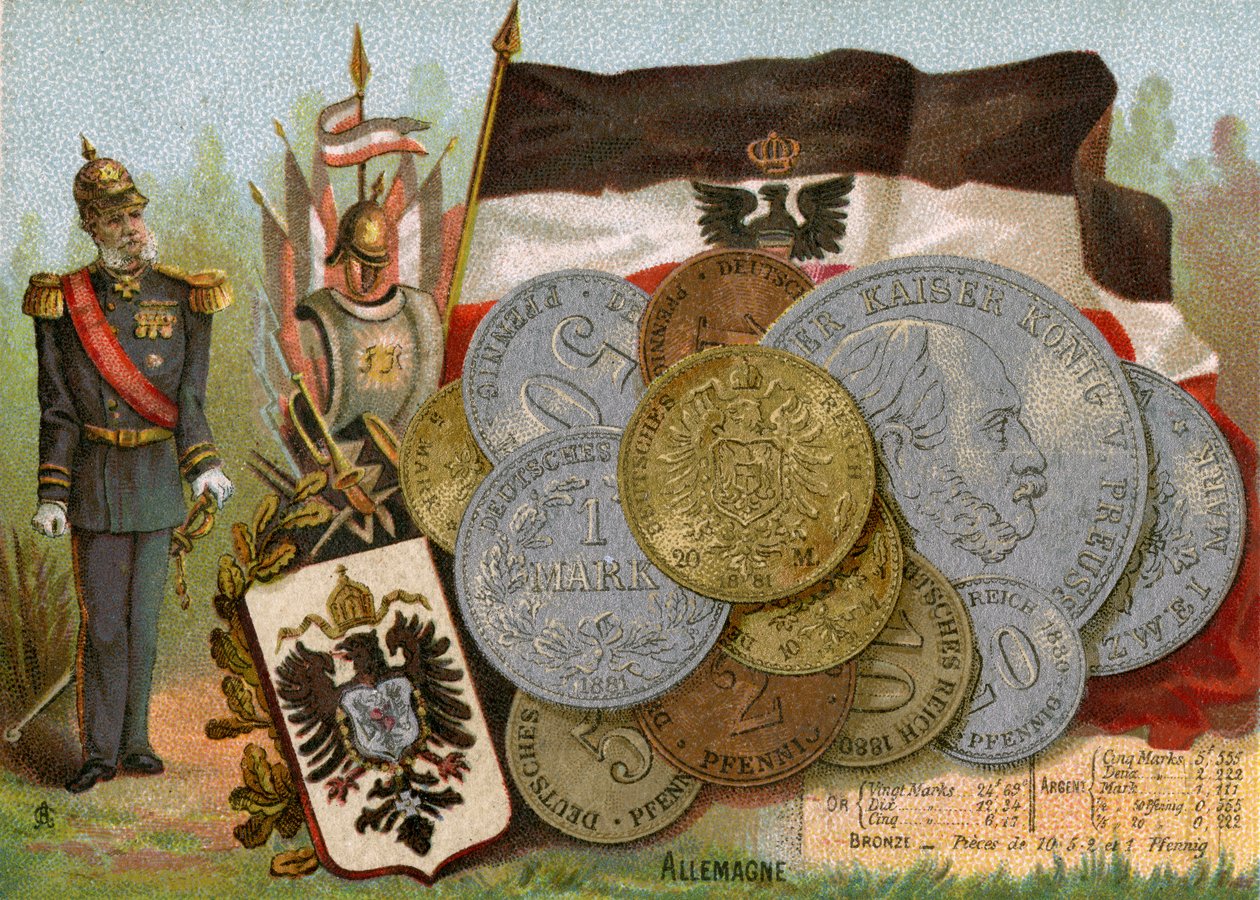 Keisari Wilhelm I seisoo Preussin kuningaskunnan lipun ja Saksan markkojen näytön vieressä, n. 1890 tekijältä French School