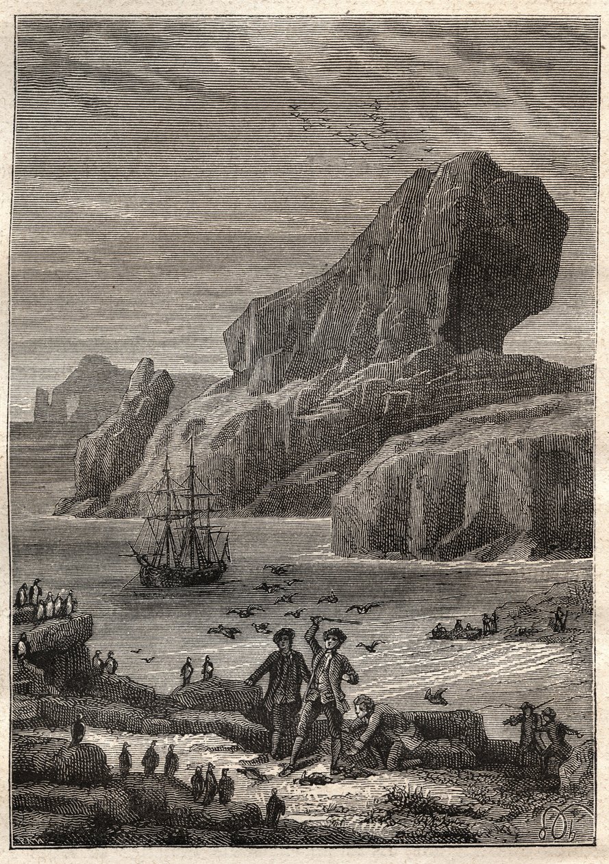 Kerguelenin saaret. Jules Vernen kuvitus 1700-luvun suurille merenkulkijoille - James Cook aux Iles de Kerguelen en 1776 (Kerguelenin saaristo tai Iles de la Desolation) - teoksessa "1700- ja 1800-luvun matkailijat - kuvitus tekijältä French School
