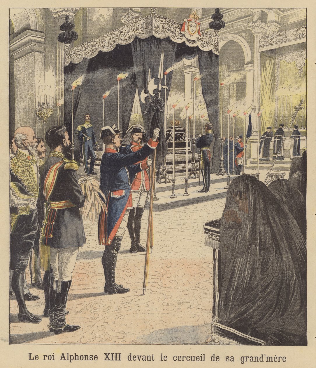 Espanjan kuningas Alfonso XIII isoäitinsä, kuningatar Isabella II:n arkun edessä (värilitro). tekijältä French School