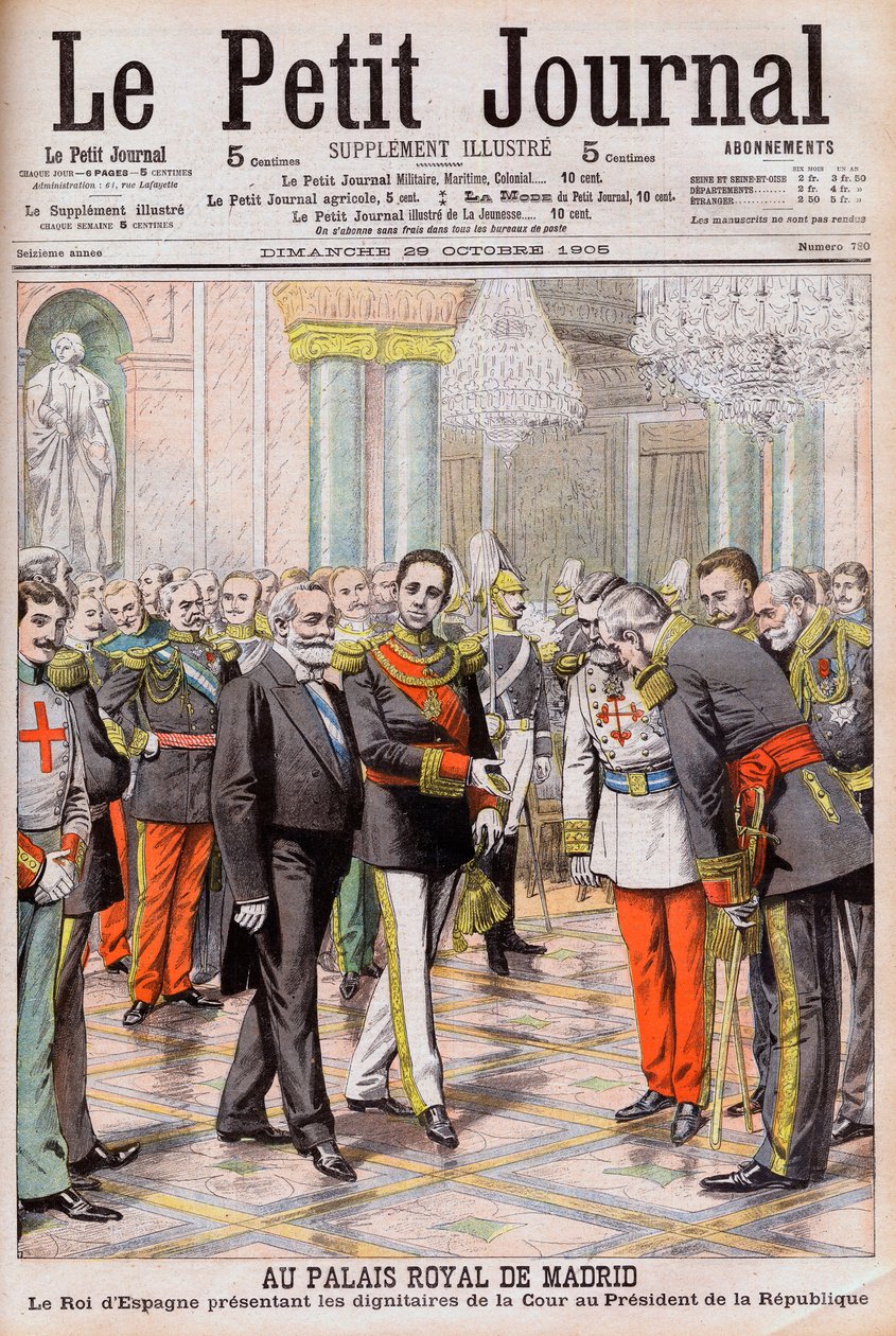 Espanjan kuningas Alfonso XIII esittelee hoviaan Ranskan presidentille Emile Loubetille Madridin kuninkaallisessa palatsissa. Madridin kuninkaallisessa palatsissa. Espanjan kuningas Alfonso XIII esittelee hovin arvohenkilöt tasavallan presidentti Loubetill tekijältä French School