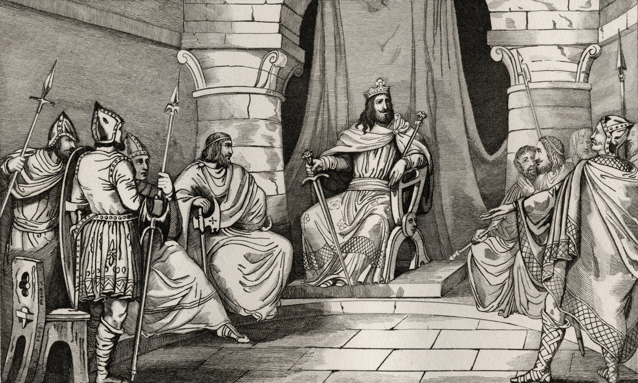 Kuningas Charibert (521-67) neuvostossa tuomarien kanssa, Colartin teoksesta "Histoire de France", julkaistu n. 1840 tekijältä French School
