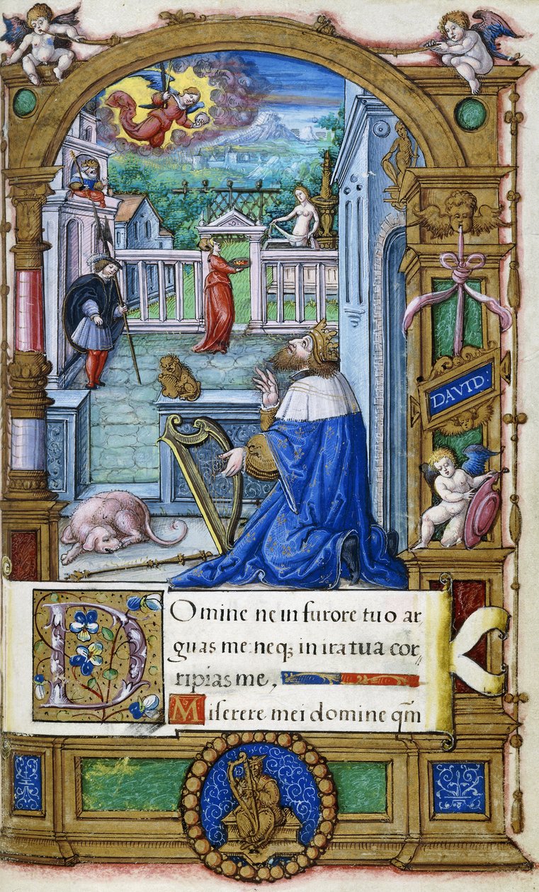 Kuningas Daavid harpulla, Francois I:lle tehdystä Tuntikirjasta, n. 1532-1540 tekijältä French School