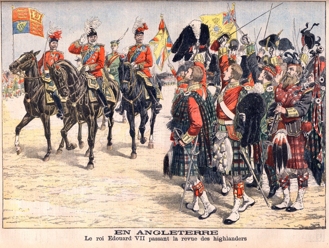 Kuningas Edward VII arvioi Highlandin joukkoja. Englannissa. Kuningas Edward VII (1841-1910) läpäisi ylämaan asukkaiden katsauksen. Kuvitus Le petit Journaliin, 8. lokakuuta 1905. tekijältä French School
