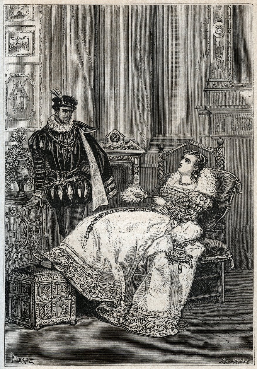 Kuningas Henrik II (1519-1559) ja Diane de Poitiers (1499-1566) - Ranskan Henrik II ja Diane de Poitiers - kaiverrus Jules Micheletin "" Histoire de Francesta" - 1876-1877 - tekijältä French School
